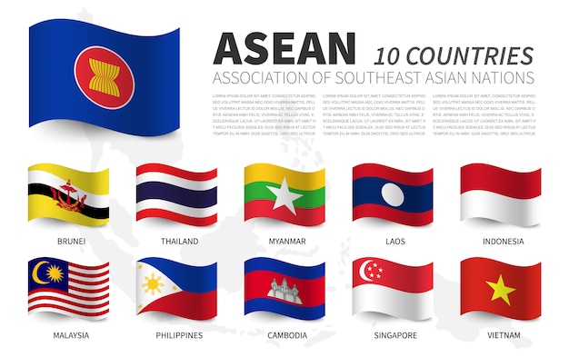 Asean associação das nações do sudeste asiático e membros. agitando o projeto de bandeiras. mapa do sudeste asiático Vetor Premium