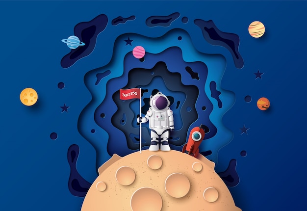 Astronauta com bandeira na lua, arte de papel e estilo de artesanato digital. Vetor Premium