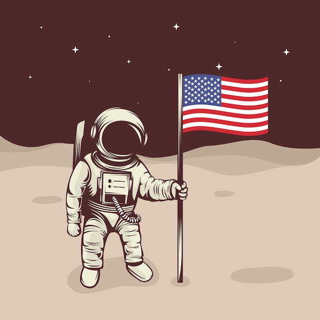 Astronauta Levantar A Bandeira Na Lua Vetor Premium