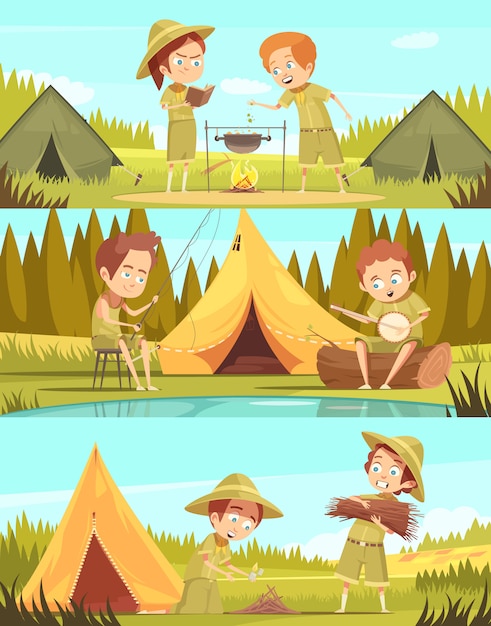 Atividades de acampamento de verão de rapazes de scouting 3 bandeiras horizontais de desenho animado de paris com ilustração em vetor ... Vetor grátis