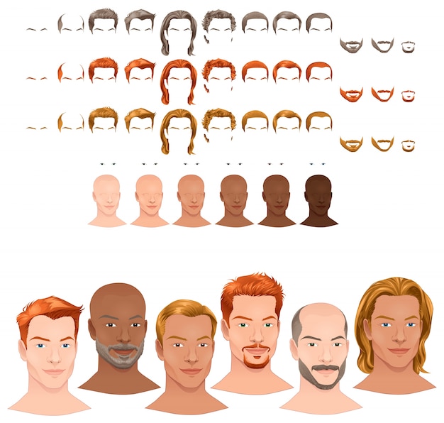 Avatares masculinos 8 penteados e 3 pêlos faciais em 3 cores diferentes 6 cores olho 6 tons de pele para múltiplas combinações nesta imagem alguns objetos ficheiro pré-visualizações do vetor isolado Vetor grátis