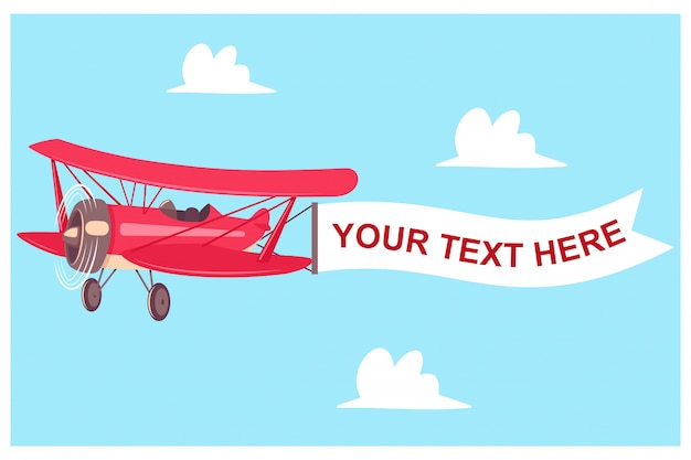 Avião vermelho com banner de vôo em um fundo de céu com nuvens Vetor Premium