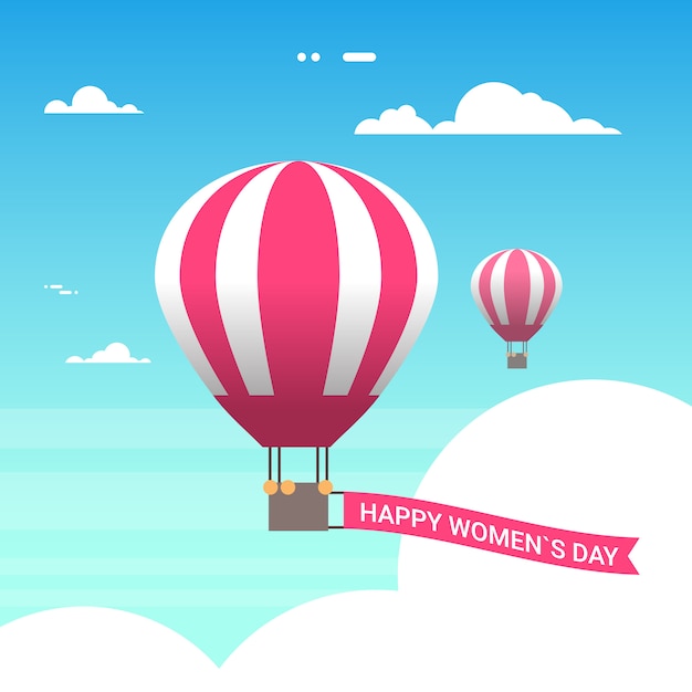 Balão de ar rosa no céu com feliz dia das mulheres 8 de março balão no estilo retrô Vetor Premium