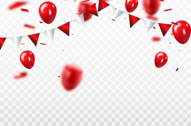 Balões vermelhos, modelo de design de conceito de confetes feliz dia dos namorados Vetor Premium