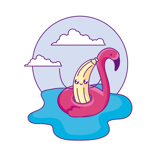 Banana com flamengo flamengo no personagem do mar kawaii Vetor Premium