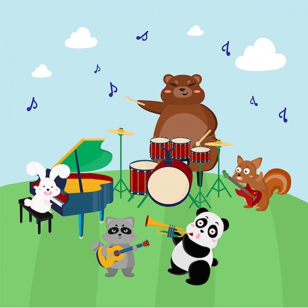Banda Animal Tocando Instrumentos Musicais Vetor Premium
