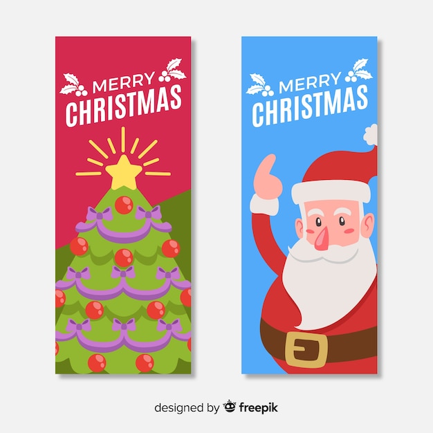 Bandeira de natal bonito conjunto com árvore e papai noel em design plano Vetor grátis