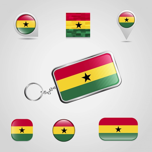 Bandeira do país de gana em chaveiro e mapa pin estilo diferente Vetor Premium