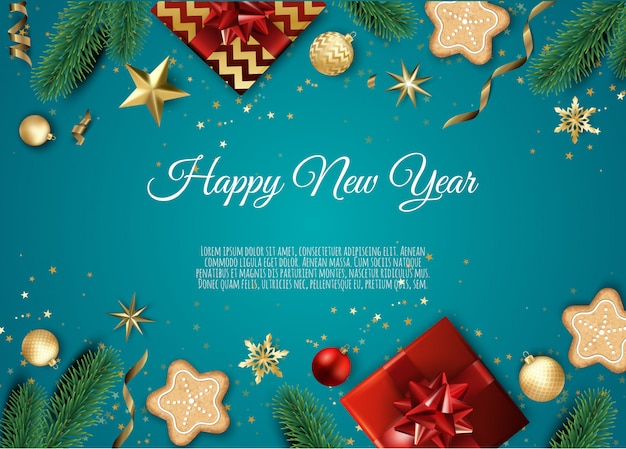 Banner com galhos de árvores de natal, estrelas douradas, bolas de natal e espaço para texto Vetor Premium