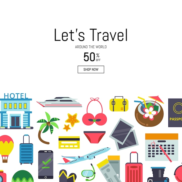 Banner com ilustração de fundo de elementos de viagem plana com lugar para texto Vetor Premium