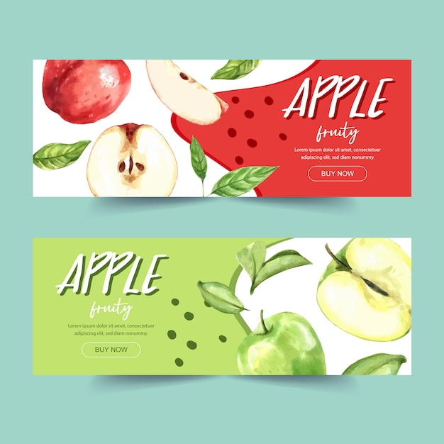 Banner com verde e vários tipos de conceito de maçã, modelo de ilustração com temas coloridos. Vetor grátis