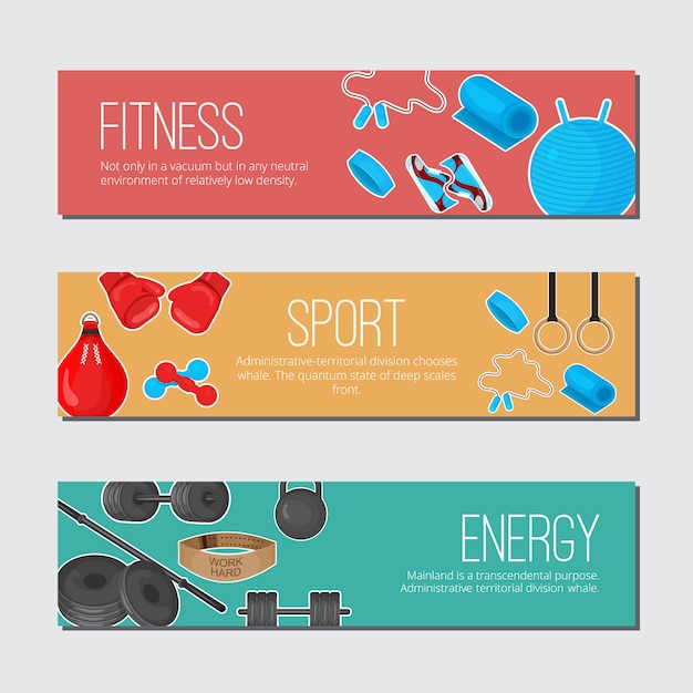 Banner de cor na moda plana com conjunto de elementos de equipamentos de esporte Vetor Premium