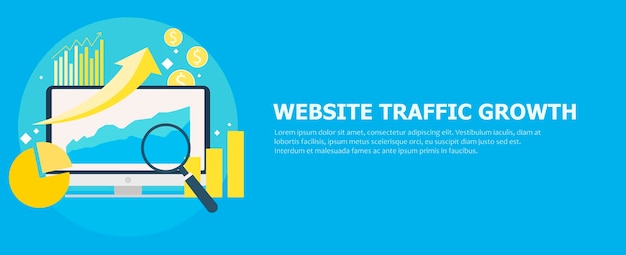 Banner de crescimento de tráfego do site. computador com diagramas, gráficos de crescimento. lupa. Vetor grátis