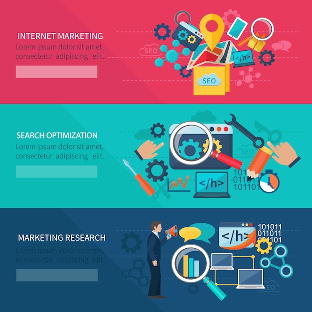 Banner de marketing de seo conjunto com elementos de otimização de pesquisa de internet Vetor grátis