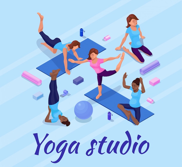 Banner de pose de ioga com mulher fazendo exercícios de aptidão física Vetor Premium