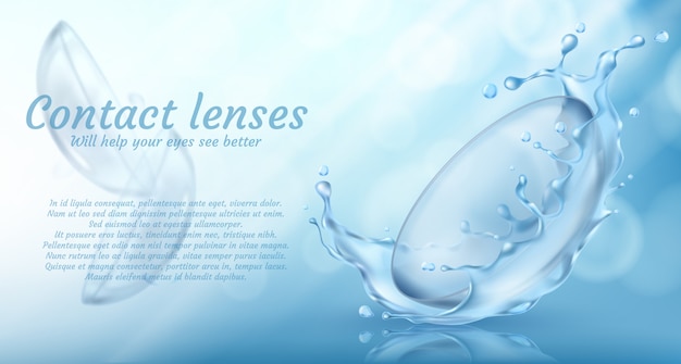 Banner de promoção realista com lentes de contato em respingos de água para cuidados com os olhos Vetor grátis