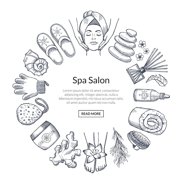 Banner de spa desenhado a mão com elementos em círculo Vetor Premium