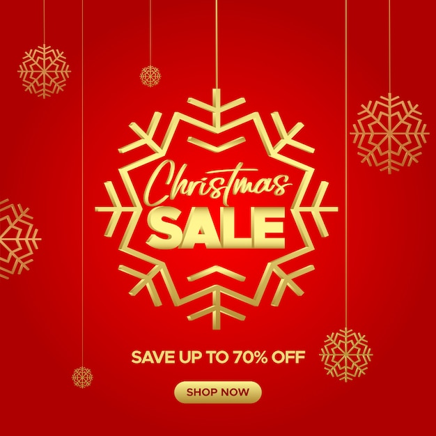 Banner de venda vermelho de natal com flocos de neve dourados para web e mídias sociais Vetor Premium