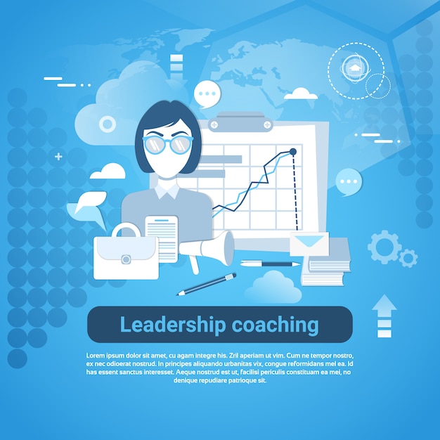 Banner web coaching de liderança com cópia espaço no fundo azul Vetor Premium