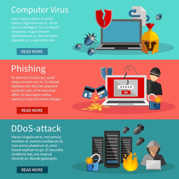 Banners horizontais de hackers com ícones de ataques ddos Vetor grátis
