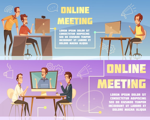 Banners horizontais de reunião on-line conjunto com negócios e trabalho símbolos cartoon ilustração vetorial isolado Vetor grátis