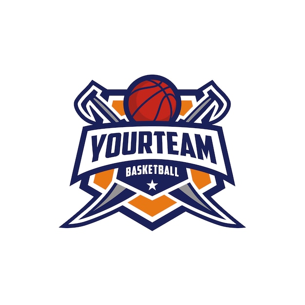 Basketball club emblem badge design de logotipo com espada Vetor Premium