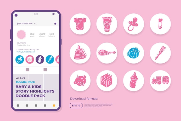 Bebe E Criancas Cuidam De Icones De Doodle Para Recem Nascidos Com Brinquedos Comida Acessorios Simbolo De Sinal Definido Para Midia Social Destaque Vetor Premium