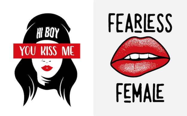 Beije-me slogan com ilustração de menina e fêmea sem medo com ilustração de lábio Vetor Premium