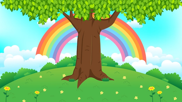 Bela árvore na grama verde com ilustração do arco-íris Vetor Premium