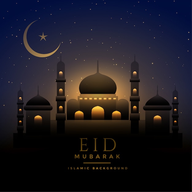 Bela noite cena eid fundo com mesquita e lua Vetor grátis