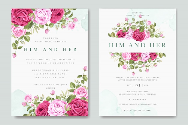 Belo cartão de convite de casamento com modelo de rosas coloridas Vetor Premium