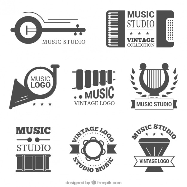 Belo conjunto de música do vintage estúdio logos | Vetor Grátis Vintage Music Logos