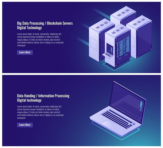 Big data processing, blockchain, tecnologia digital, rack de sala de servidores Vetor grátis