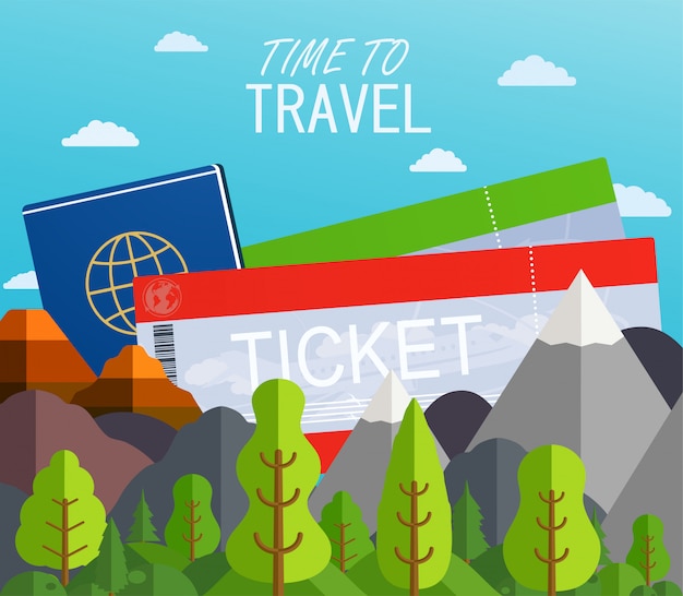 Bilhetes de avião com passaporte. fundo do conceito de viagens. fundo de verão com montanhas e árvores. destinos de viagem de banner. Vetor Premium