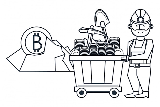 Bitcoin de mineração e trabalhador com pá e vagão Vetor Premium
