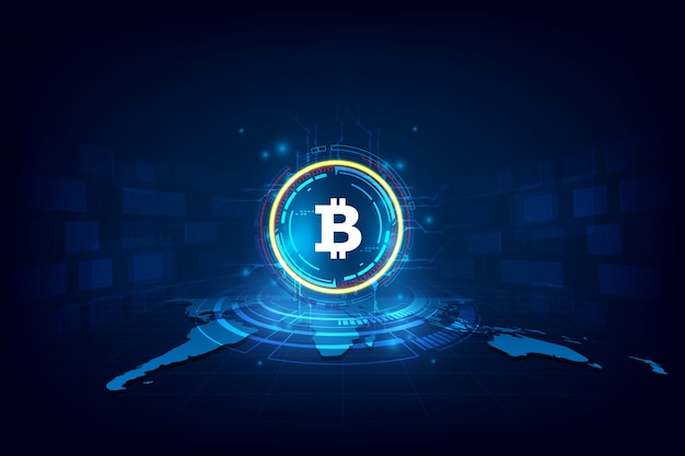 Bitcoin digital abstrato da moeda com blockchain Vetor Premium
