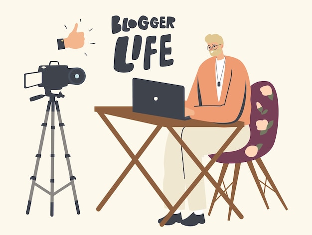Blogger falando na frente da tela da câmera e do laptop. vlogger online  streaming, revisão de ilustração | Vetor Premium