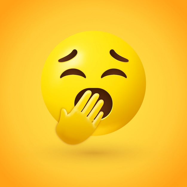 Bocejo rosto emoji com os olhos fechados e boca coberta por uma mão Vetor Premium