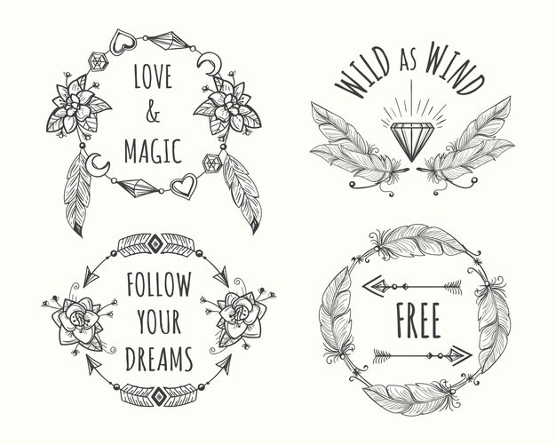 Boho logotipo tribal conjunto com penas Vetor Premium