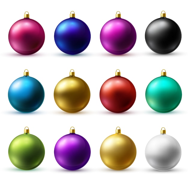 Bolas de férias de natal realista isoladas em um fundo branco. vidro emaranhado. Vetor Premium