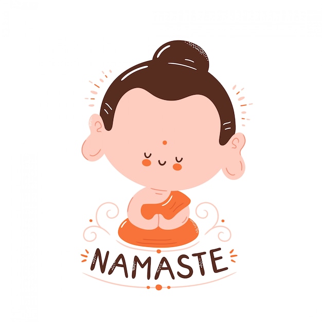 Bonito feliz sorridente buda meditar em pose de lótus. cartão namaste. isolado no branco projeto de ilustração vetorial personagem dos desenhos animados, estilo simples simples pequeno buda em lótus, conceito namaste Vetor Premium