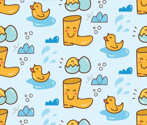 Brinquedos de pato fofo com fundo sem emenda de botas Vetor Premium