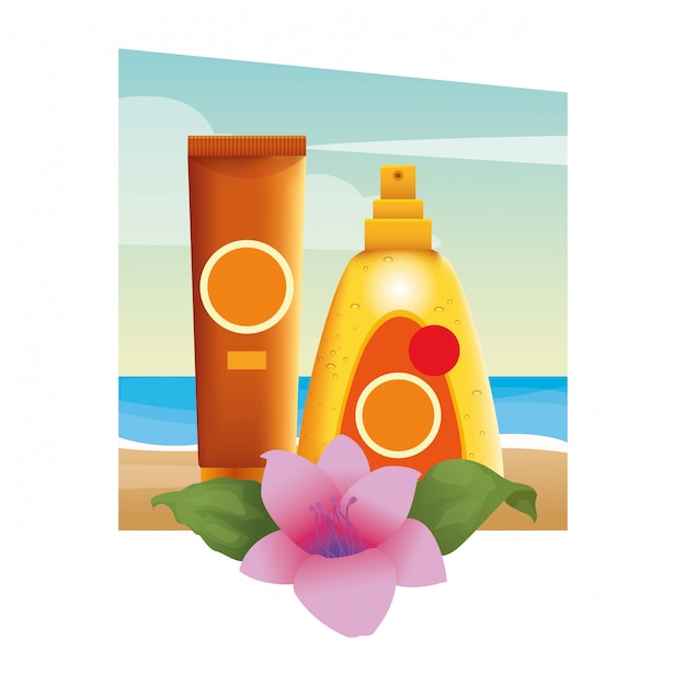 Bronzeadores de sol cosméticos com flores Vetor Premium
