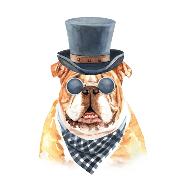 Buldogue da aguarela com o lenço da manta dos óculos de sol e o chapéu alto. Vetor Premium