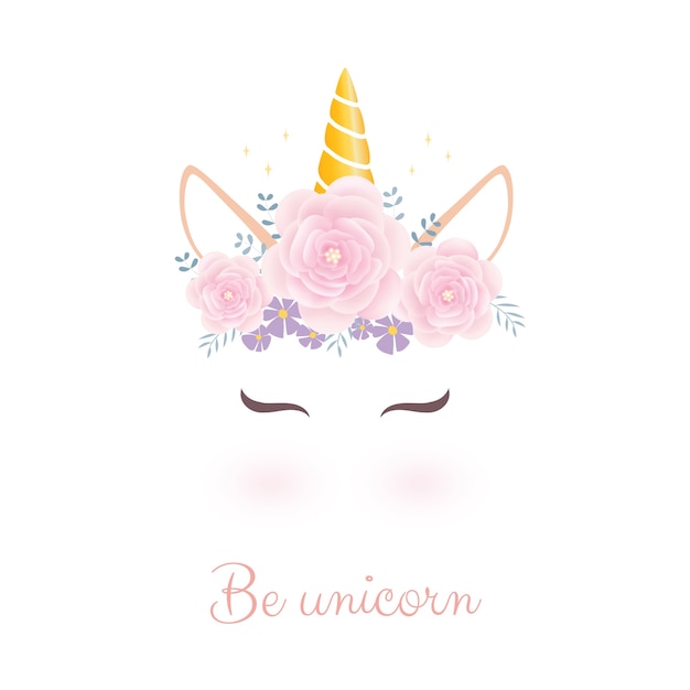 Cabeça de unicórnio fofo com coroa de flores. Vetor Premium