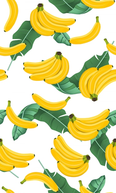 Cacho de banana sem costura padrão com folhas de bananeira Vetor Premium