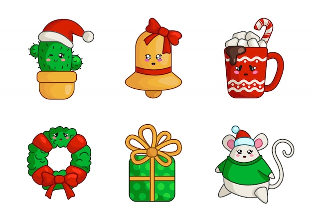 Cacto de natal kawaii, sino de ouro, caixa de presente, rato gordo, copo de bebida quente, coroa de flores, Vetor Premium