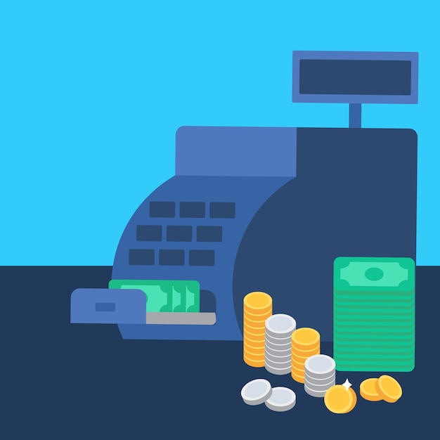 Caixa registradora e dinheiro Vetor Premium
