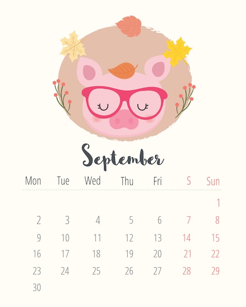 Calendario 2019 Porco Bonito Mes De Setembro Vetor Premium