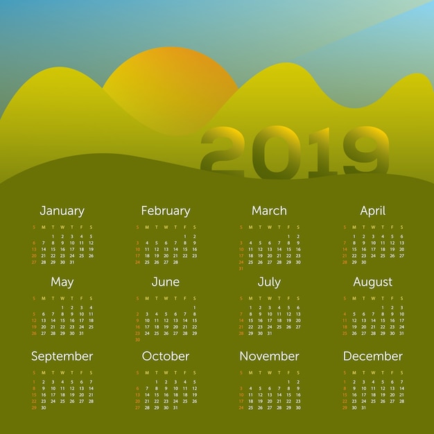 Calendário 2019 Vetor Premium